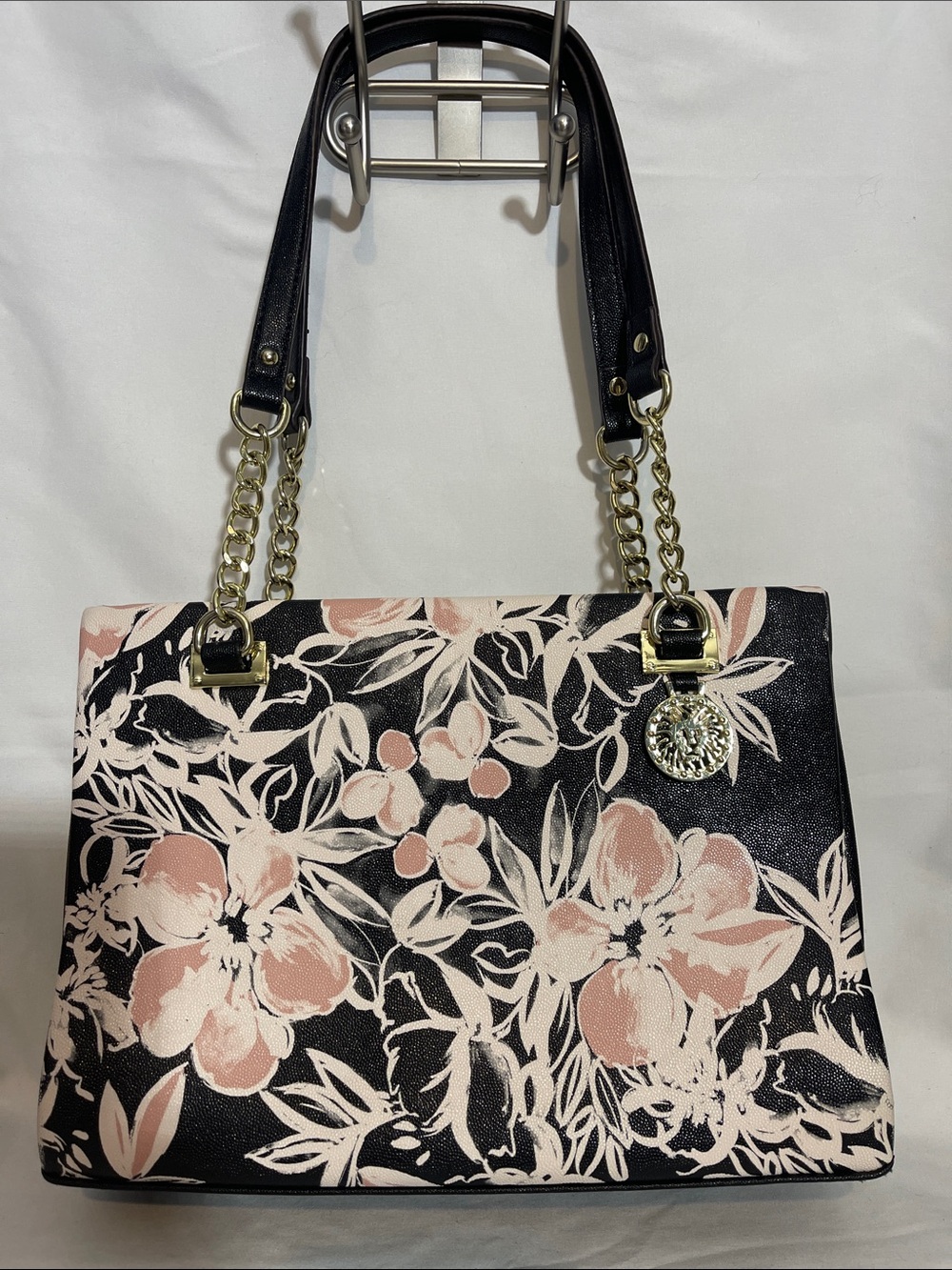 Anne Klein Black Shoulder Bag with Blush Floral Print and Gold Accents NWOT